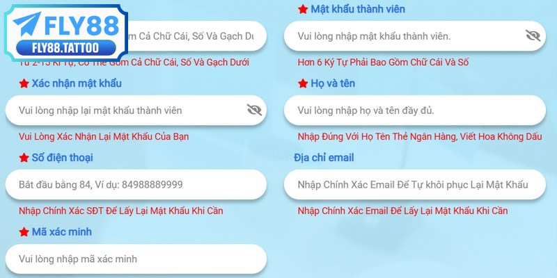 Điền đầy đủ dữ liệu vào hồ sơ đăng ký FLY88 theo hướng dẫn